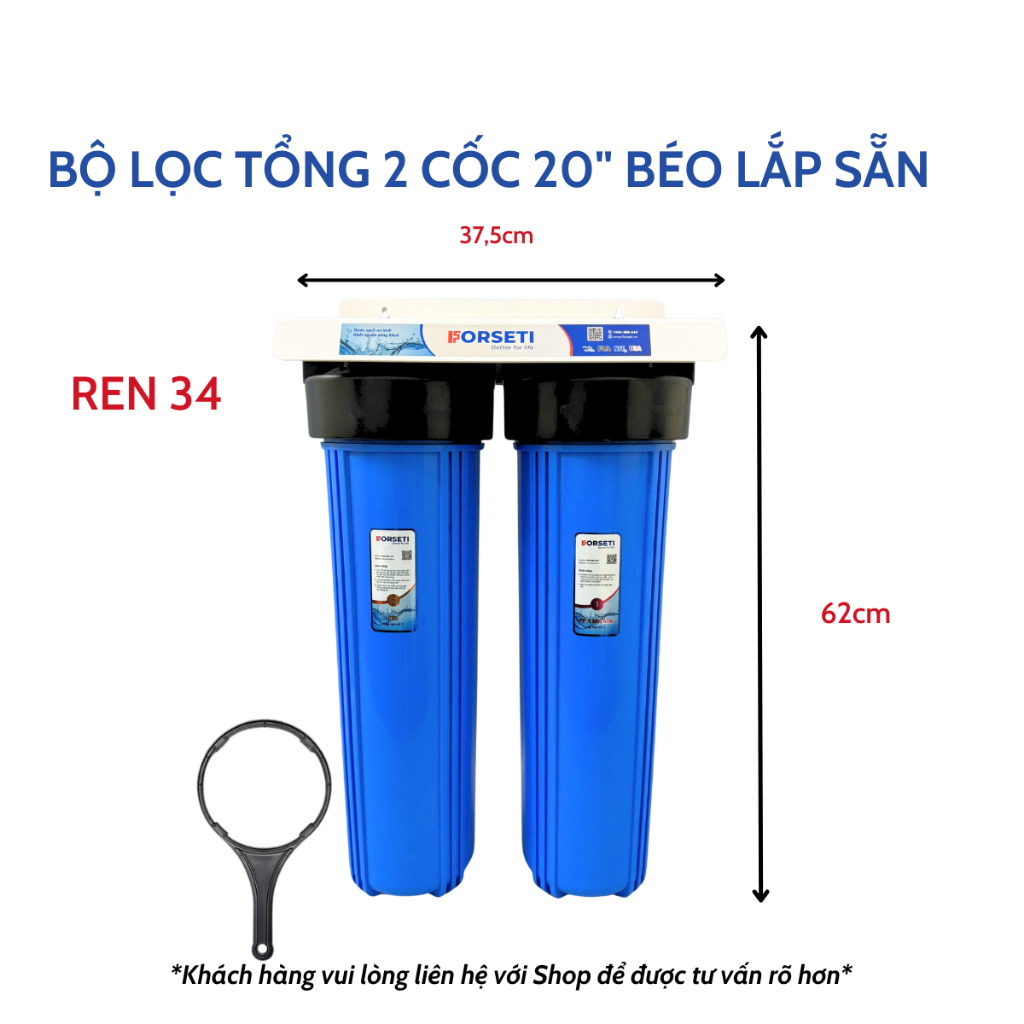 Bộ Lọc Tổng Đầu Nguồn Gồm 2 Cốc Béo Xanh 20 Inch Lắp Sẵn Loại 1 Dày Dặn Kèm Giá, Gông,Lọc Tổng Sinh Hoạt