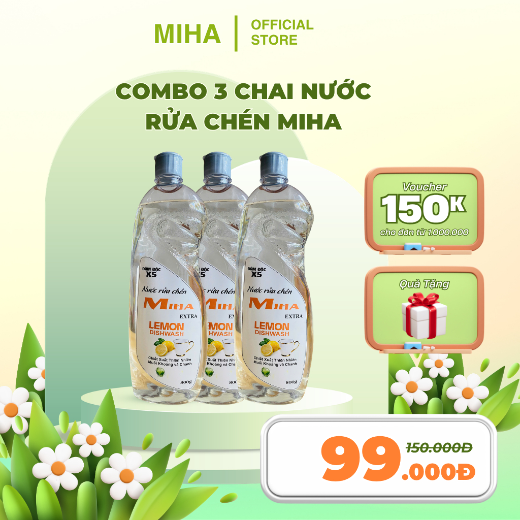 Combo 3 Chai Nước Rửa Chén Miha – Sạch Dầu Mỡ, Khử Mùi, Tiết Kiệm Cho Gia Đình