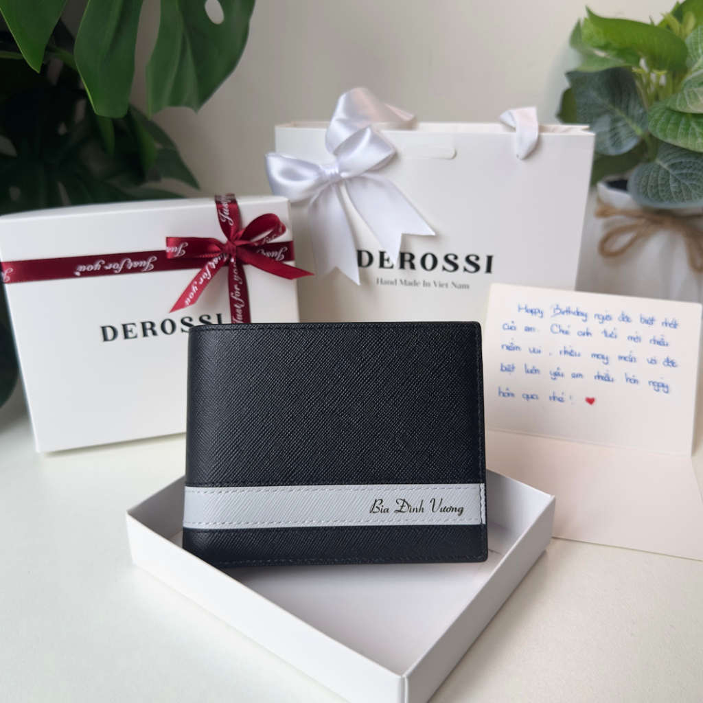 [Full Box – Túi, Hộp Nơ, Thiệp] Ví khắc tên da Saffiano cosmos Derossi, miễn phí gói quà, ghi thiệp