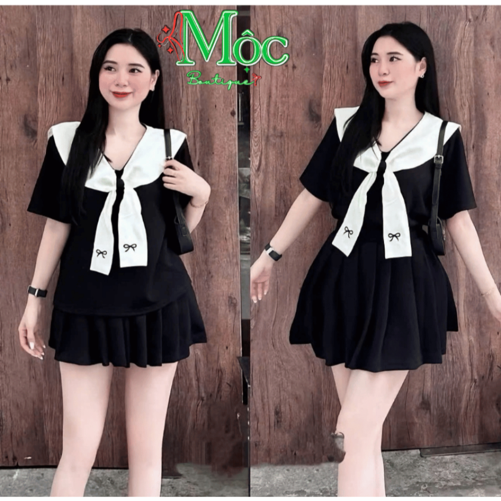Set váy ngắn, set tiểu thư mặc hè Cotton Lạnh áo phối cổ thêu kèm chân váy xếp ly  ngắn có lót