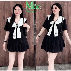 Set váy ngắn, set tiểu thư mặc hè Cotton Lạnh áo phối cổ thêu kèm chân váy xếp ly ngắn có lót