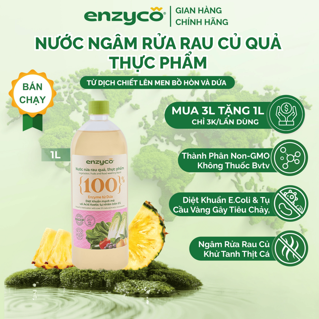 Nước Ngâm Rửa Rau Quả Hữu Cơ Enzyco 1L - Diệt Khuẩn E.Coli & Tụ Cầu ...