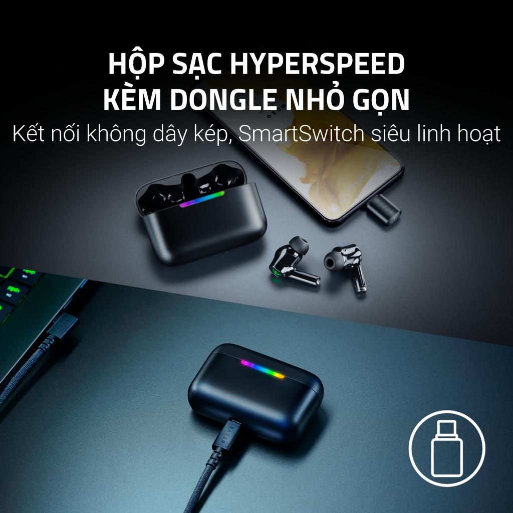 Tai Nghe Gaming Razer Hammerhead V3 HyperSpeed | 2,4GHz & BT 6.0 | ANC | Hộp Sạc+Dongle | Pin 40h | 7.1 @PC | IPX4 | BigBuy360 - bigbuy360.vn