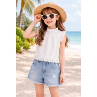 🔥 Áo Ren Trắng Bé Gái Cao Cấp Crop Top Layered Hàn Quốc | Blouse Ren Thật Thoáng Mát Mùa Hè - Chỉ 199k (Giá sốc 7 ngày)