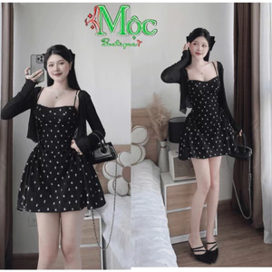 QC_ Set váy ngắn, đồ mặc hè đầm Lụa dáng ngắn hoa nhí kèm quần lót phối khoác tay dài Thun Ren