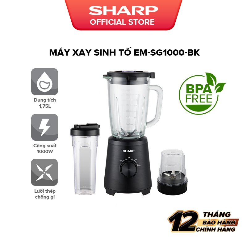 Máy Xay Sinh Tố Đa Năng Sharp EM-SG1000-BK - Công Suất 1000W - 3 Cối Thủy Tinh & Nhựa BPA Free - Xay Đá Mịn - Chính Hãng
