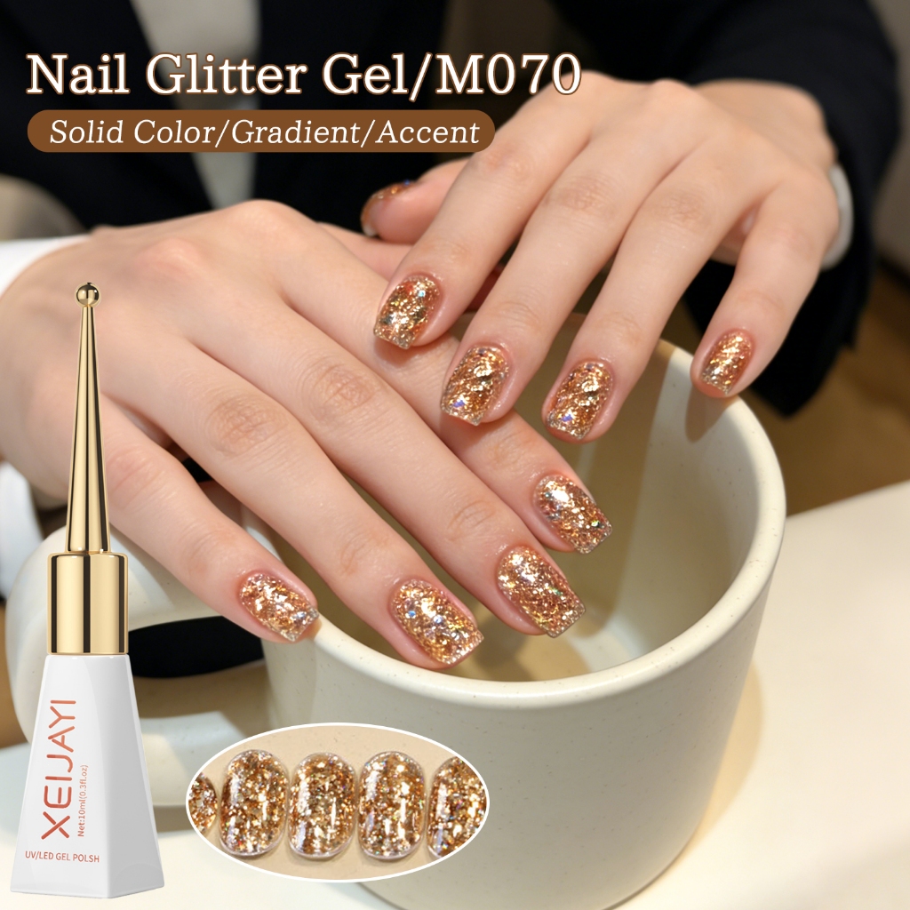 XEIJAYI 10ml - Sơn móng tay dạng gel nhũ vàng tông nâu, bền màu và bóng, thích hợp sử dụng tại salon.