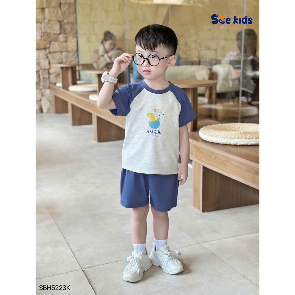 Bộ cotton tay phối in hoạ tiết khủng long, bộ thun mềm mát cho bé trai