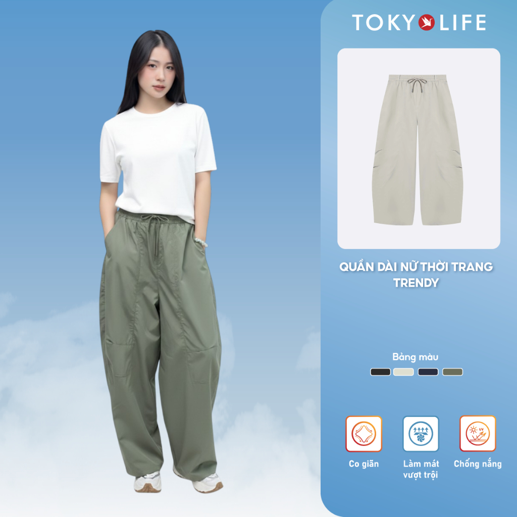 Quần dài ống rộng nữ TOKYOLIFE có dây chun, chất vải dù nhẹ thoáng mát thiết kế thời trang 40005378
