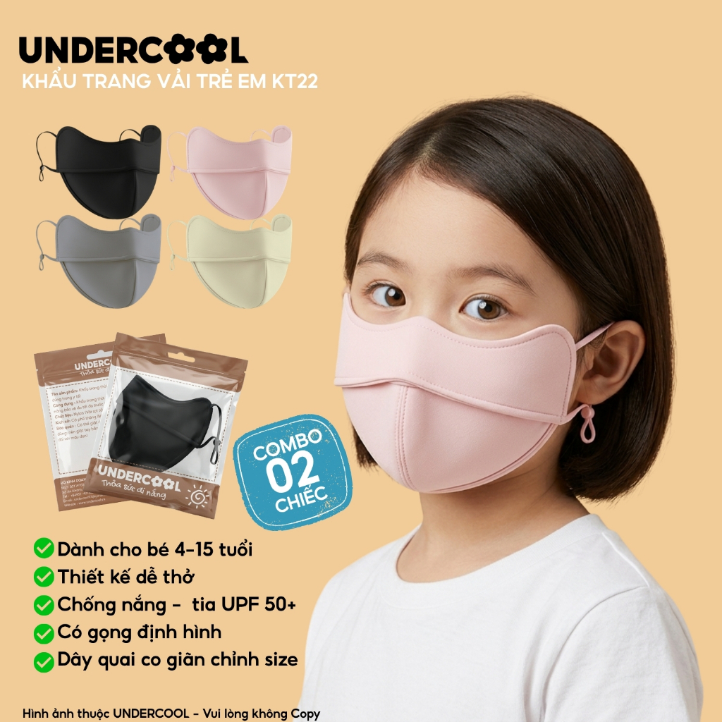 Combo 2 Khẩu Trang Vải Trẻ Em UNDERCOOL Chống Nắng UPF 50+ Có Gọng Định Hình Cho Bé 4-15 Tuổi CB-KT22