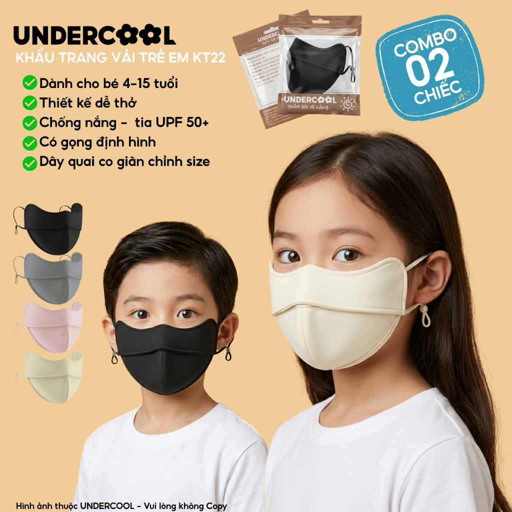 Combo 2 Khẩu Trang Vải Trẻ Em UNDERCOOL Chống Nắng UPF 50+ Có Gọng Định Hình Cho Bé 4-15 Tuổi CB-KT22