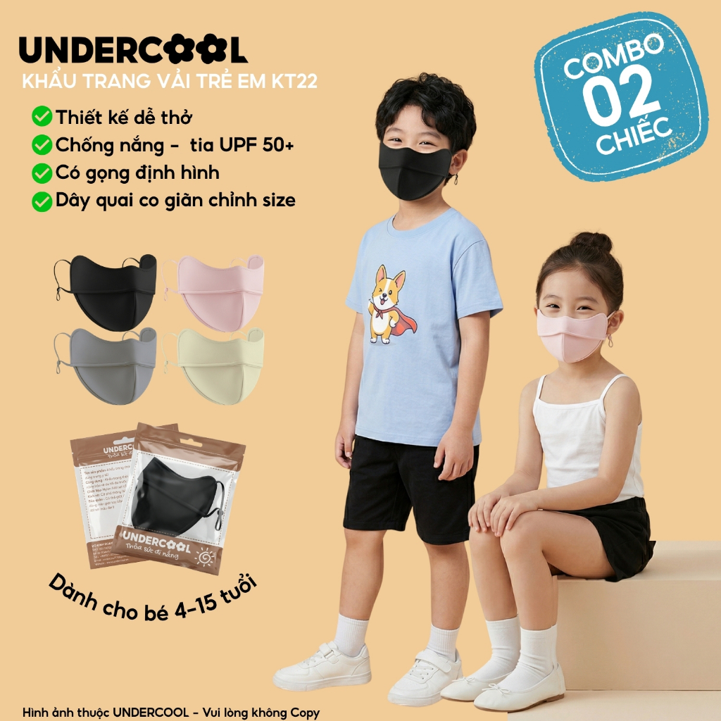 Combo 2 Khẩu Trang Vải Trẻ Em UNDERCOOL Chống Nắng UPF 50+ Có Gọng Định Hình Cho Bé 4-15 Tuổi CB-KT22