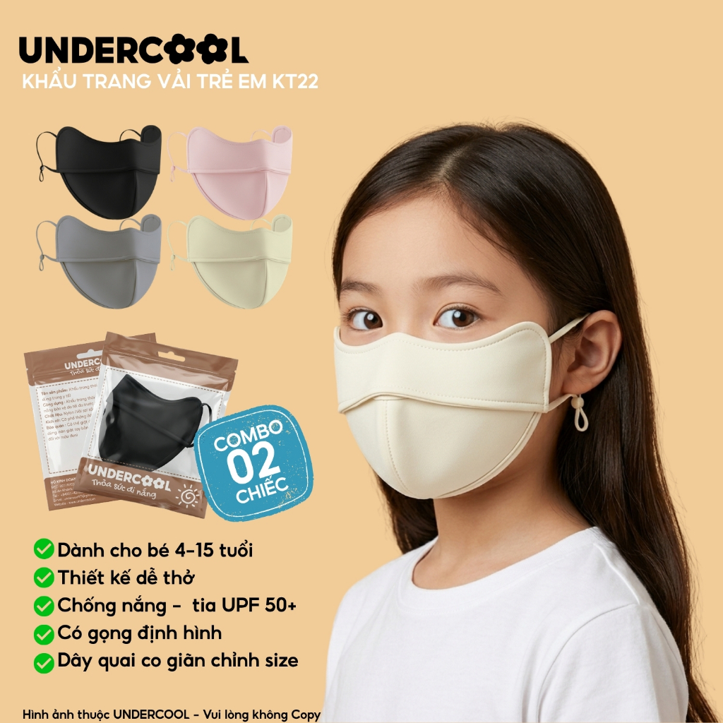 Combo 2 Khẩu Trang Vải Trẻ Em UNDERCOOL Chống Nắng UPF 50+ Có Gọng Định Hình Cho Bé 4-15 Tuổi CB-KT22