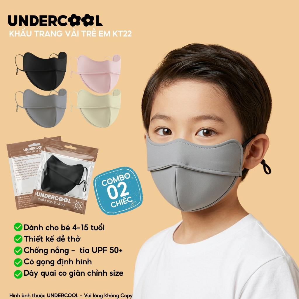 Combo 2 Khẩu Trang Vải Trẻ Em UNDERCOOL Chống Nắng UPF 50+ Có Gọng Định Hình Cho Bé 4-15 Tuổi CB-KT22