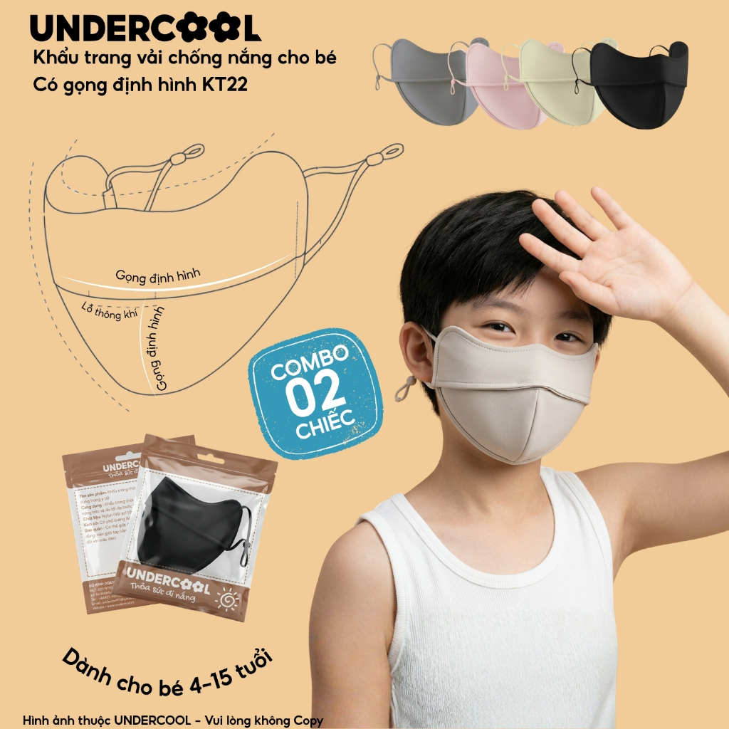 Combo 2 Khẩu Trang Vải Trẻ Em UNDERCOOL Chống Nắng UPF 50+ Có Gọng Định Hình Cho Bé 4-15 Tuổi CB-KT22