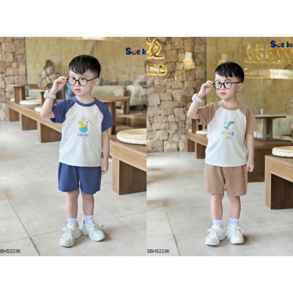 Bộ cotton tay phối in hoạ tiết khủng long, bộ thun mềm mát cho bé trai