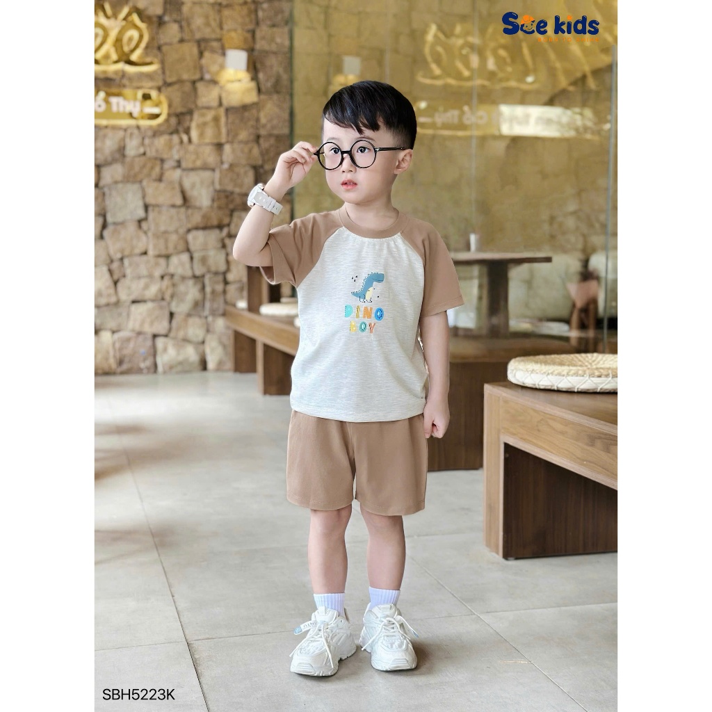 Bộ cotton tay phối in hoạ tiết khủng long, bộ thun mềm mát cho bé trai