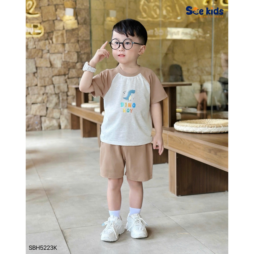 Bộ cotton tay phối in hoạ tiết khủng long, bộ thun mềm mát cho bé trai
