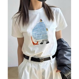 Áo Baby Tee Cổ Tròn Phối Họa Tiết Hình Người Kẻ Xanh Trẻ Trung Sành Điệu Chất Liệu Cotton Mùa Hè Thoáng Mát Mền Mịn