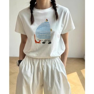 Áo Baby Tee Cổ Tròn Phối Họa Tiết Hình Người Kẻ Xanh Trẻ Trung Sành Điệu Chất Liệu Cotton Mùa Hè Thoáng Mát Mền Mịn