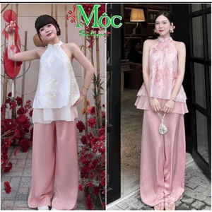 QC_ Set đồ lam, set cách tân thiết kế áo Gấm hoa cố yếm 2 tầng form babydoll xoè kèm quần dài Lụa