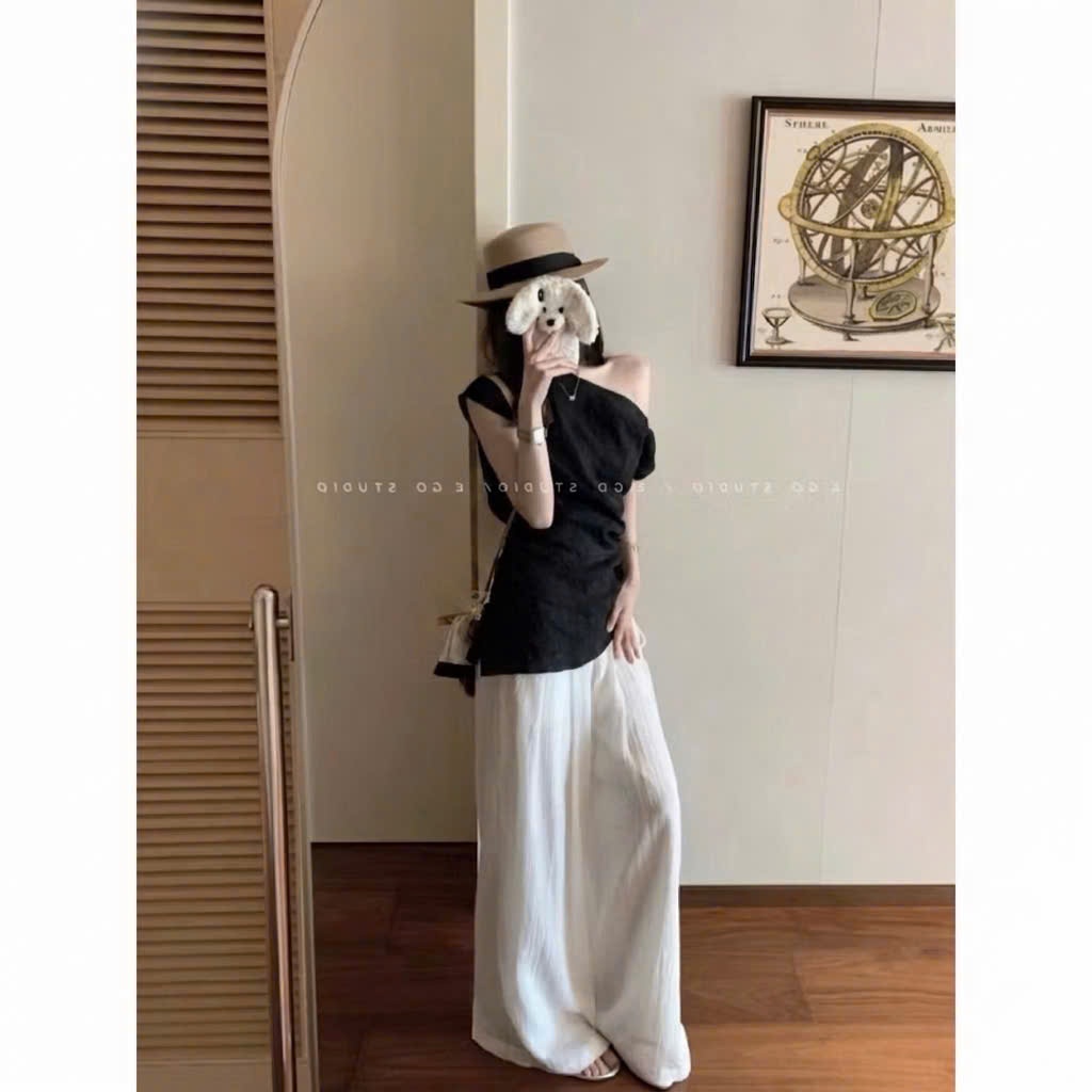 𝗙𝗶𝗻𝗻- Áo Linen lệch vai nhún eo BEELY