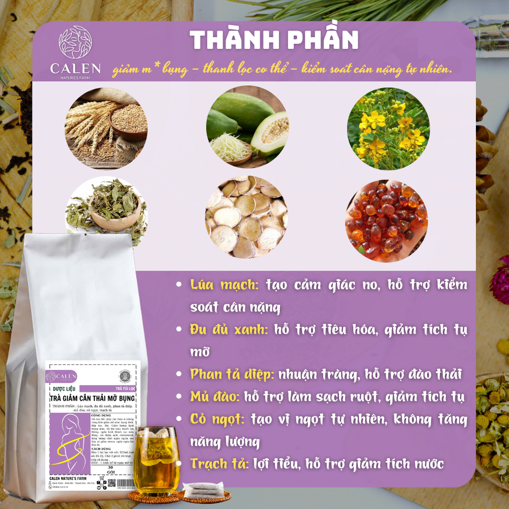 Trà thải mỡ bụng Calen giúp đào thải mỡ dưới da, giảm mỡ bụng, đùi, bắp tay, bắp chân hiệu quả bịch 30 túi lọc
