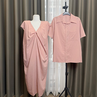(S - 86) Set đồ đôi nam nữ couple váy xoắn ngực tay hến dáng dài và áo sơmi nam chất đũi mềm mát đồ đôi cung người yêu