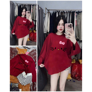 Set bộ áo thun dài tay ria mèo mix quần đùi kẻ sọc cạp trắng ( quần kẻ trắng )