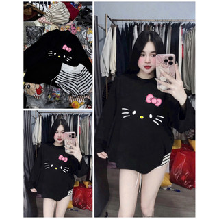 Set bộ áo thun dài tay ria mèo mix quần đùi kẻ sọc cạp trắng ( quần kẻ trắng )