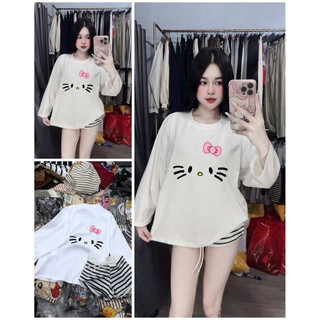 Set bộ áo thun dài tay ria mèo mix quần đùi kẻ sọc cạp trắng ( quần kẻ trắng )