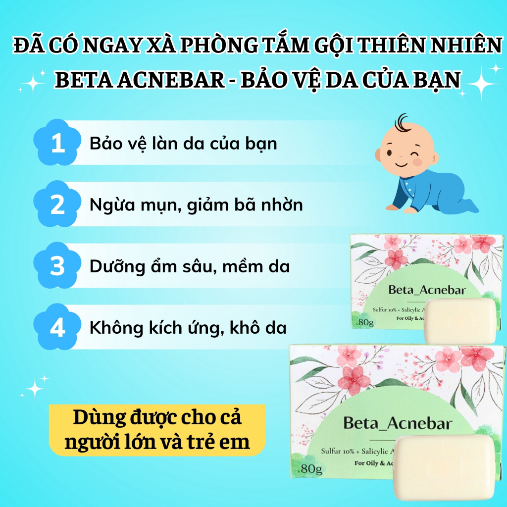 BETA ACNEBAR - Xà phòng tắm gội thiên nhiên ngừa mụn, giúp da mềm mịn