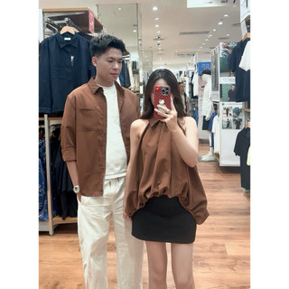 (S - 87) Set đồ đôi nam nữ couple áo nữ cổ yếm 2 lớp và sơmi nam tay dài , đồ đôi mặc đi chơi cùng người yêu
