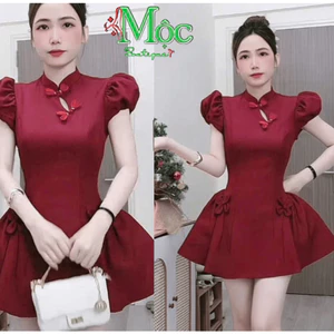 Đầm váy ngắn, đầm Kaki cổ tàu tay phồng dáng xòe1, váy đi tiệc đính nơ tay phồng kèm quần trong