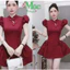 Đầm váy ngắn, đầm Kaki cổ tàu tay phồng dáng xòe1, váy đi tiệc đính nơ tay phồng kèm quần trong