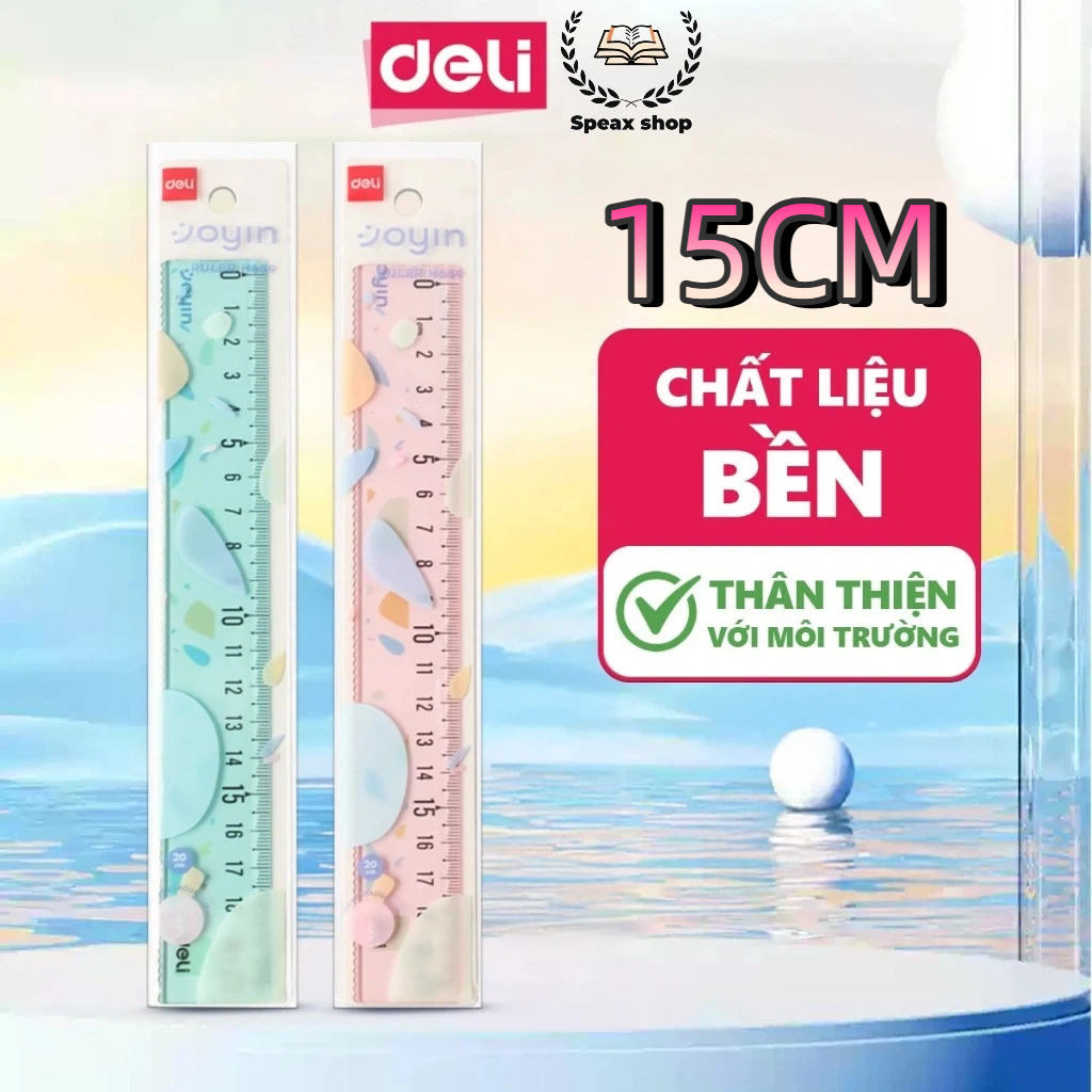 Thước Deli 15cm trong suốt, chống trầy, nhựa PS bền, có vạch sóng, dùng cho học sinh, văn phòng, thi cử, vạch chia rõ rà