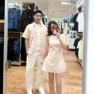 (S - 88) Set đồ đôi nam nữ couple váy nữ 2 dây ôm eo và áo sơmi nam tay ngắn có túi, đồ đôi mặc cùng người yêu