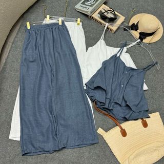 Sét sơ mi quần suông ống rộng big size  vải đũi vân mây thoáng mát, form rộng trendy SET867