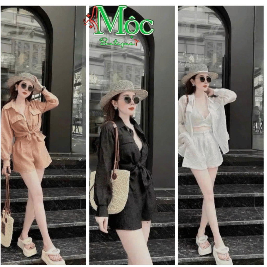 Set bộ 3 món, set đi biển, bộ đồ nữ áo bra Tơ Xước quyến rũ phối quần short ngắn kèm áo khoác sơ mi