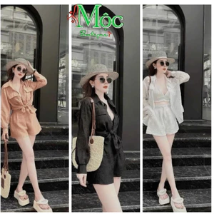 Set bộ 3 món, set đi biển, bộ đồ nữ áo bra Tơ Xước quyến rũ phối quần short ngắn kèm áo khoác sơ mi
