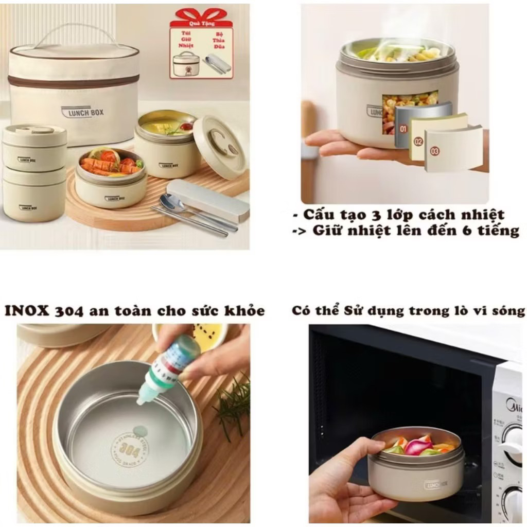 [ Tặng túi + đũa thìa ]  Hộp Đựng Cơm Giữ Nhiệt 3 Tầng - 4 Tầng Tặng Kèm Đũa Thìa, Hộp Cơm Văn Phòng Tiện Lợi