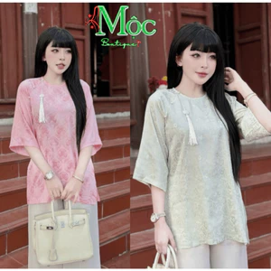 Set đồ lam, đi chùa mặc Tết thiết kế Quảng Châu đính ngọc cổ tròn kèm phụ kiện phối quần dài