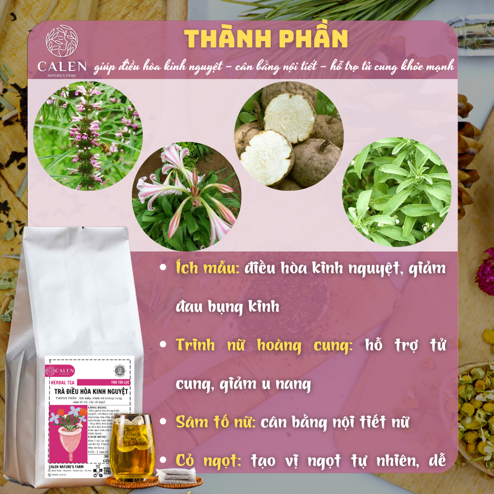 Trà điều hòa kinh nguyệt, trà giảm đau bụng kinh, giúp ổn định kinh nguyệt, cân bằng nội tiết tố nữ Calen Nature's Farm