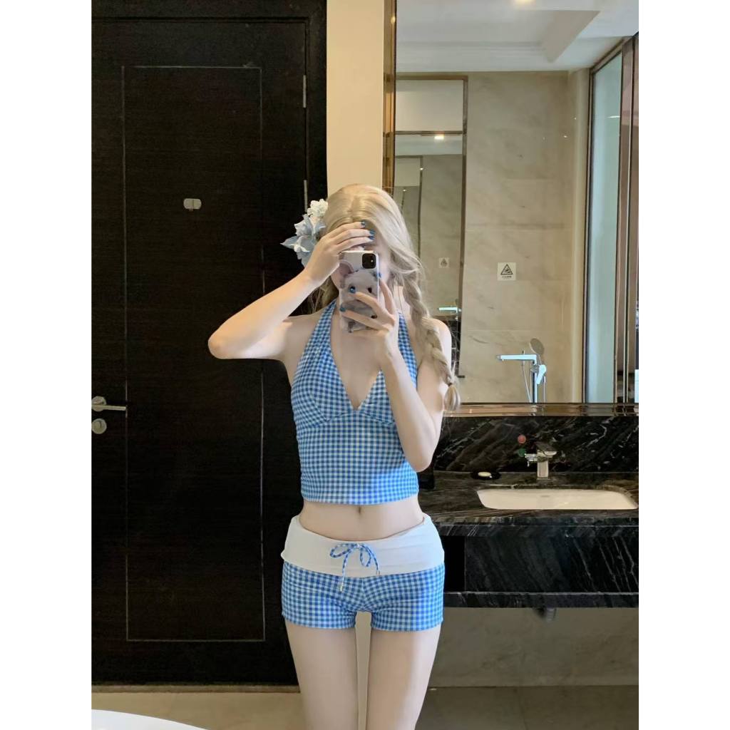 Bikini Nữ Caro Gingham Vintage 2 Mảnh – Áo Yếm Cổ V Tôn Ngực + Quần Short Lưng Cao Che Bụng, Đồ Bơi Đi Biển
