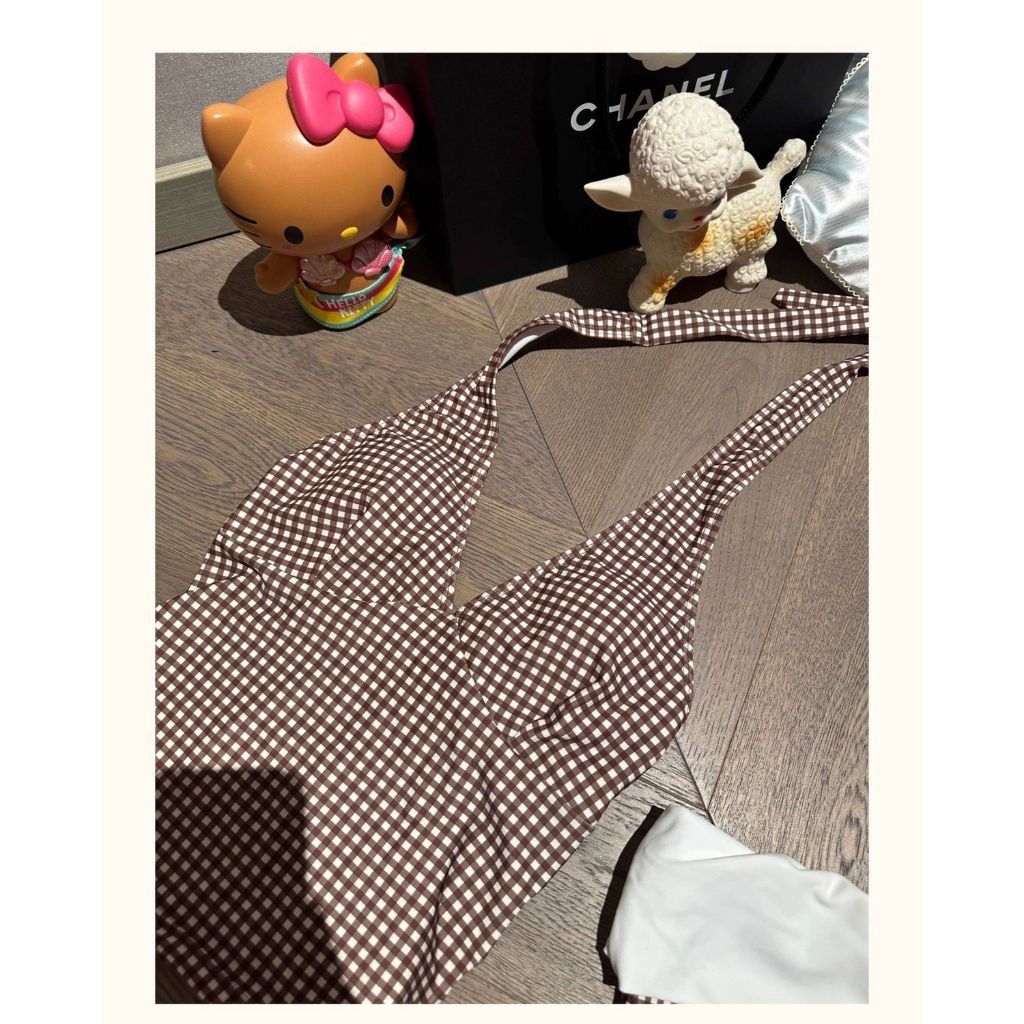 Bikini Nữ Caro Gingham Vintage 2 Mảnh – Áo Yếm Cổ V Tôn Ngực + Quần Short Lưng Cao Che Bụng, Đồ Bơi Đi Biển