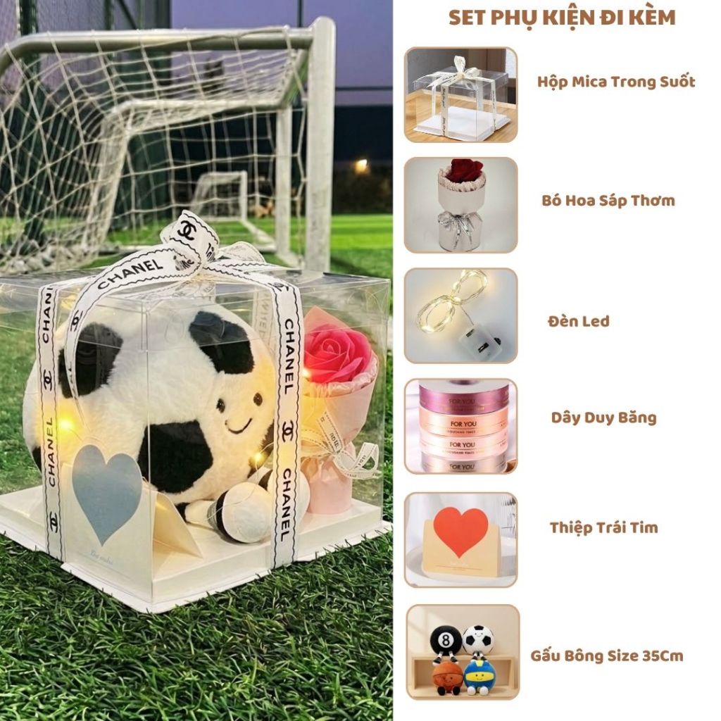Set Quà Tặng Gấu Bông Hình Quả Bóng Đá,Chuyền,Bida,Rổ Hộp Mica 35Cm Quà Tặng Sinh Nhật Cho Bạn Trai,Bé Trai