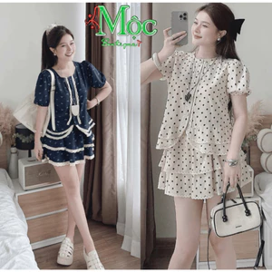 QC_Set váy ngắn, đồ nữ mặc hè Cotton Lạnh chấm bi áo tay bồng kèm chân váy ngắn có lót