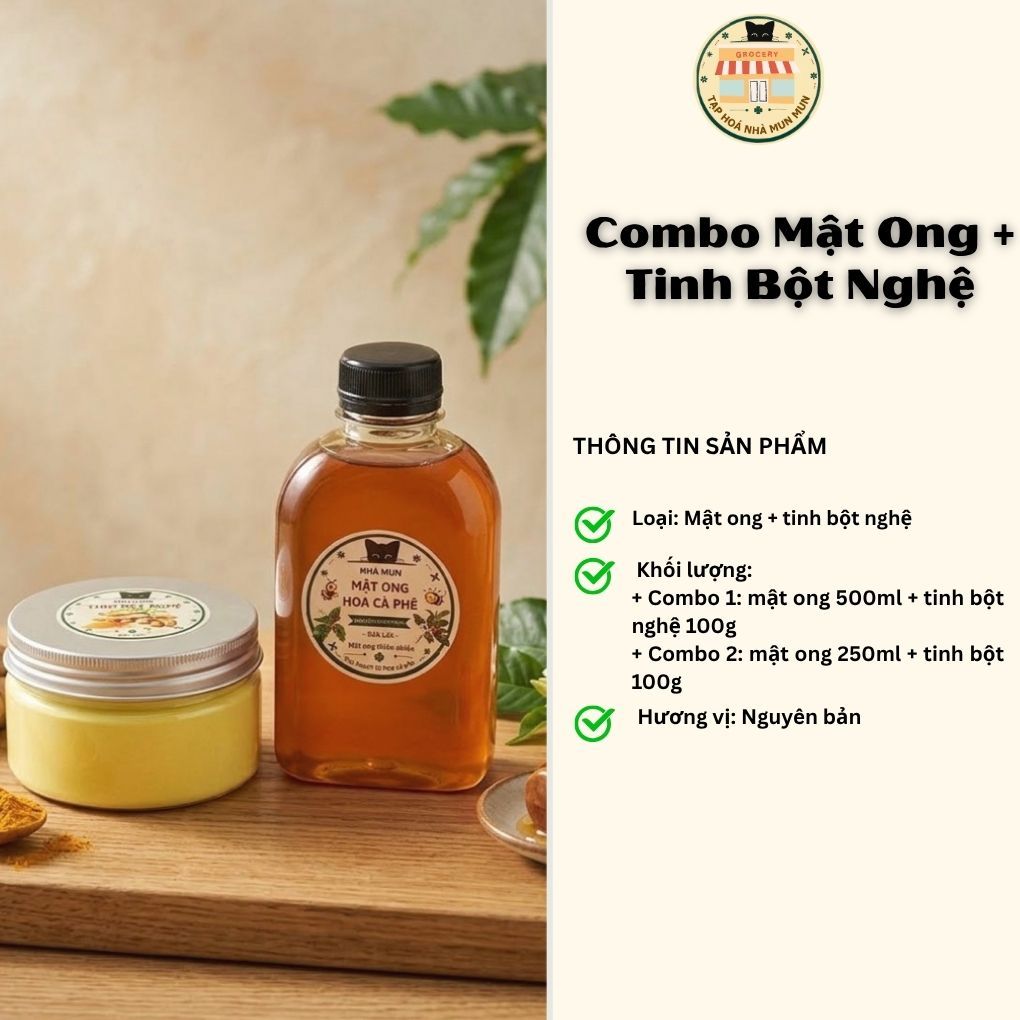 | Combo 2 | Mật ong nguyên chất + tinh bột nghệ 100g – hỗ trợ đẹp da, tiện lợi chăm sóc sức khỏe mỗi ngày | MM02