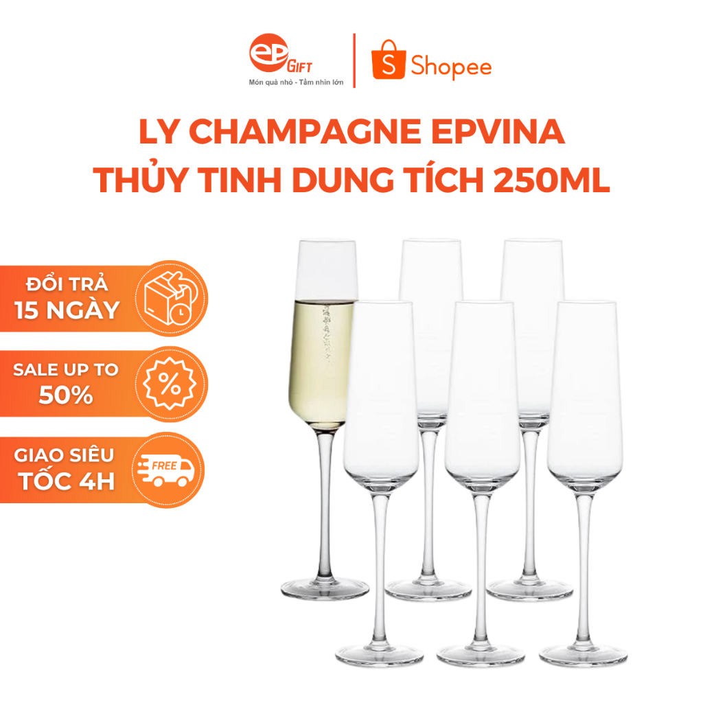 Bộ 6 Ly Thủy Tinh Uống Champagne Adela Cao Cấp Dung Tích 250ml Kèm Hộp Đựng BO3-104