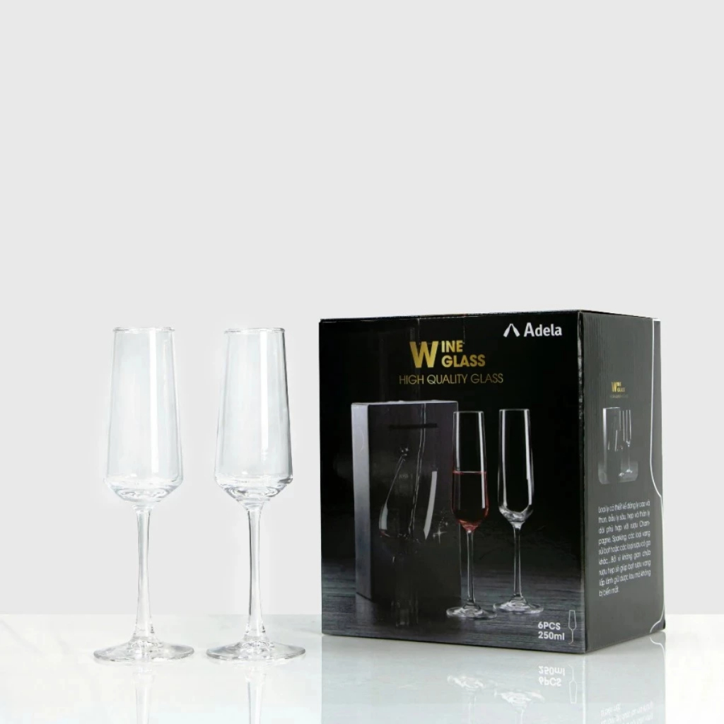 Bộ 6 Ly Thủy Tinh Uống Champagne Adela Cao Cấp Dung Tích 250ml Kèm Hộp Đựng BO3-104